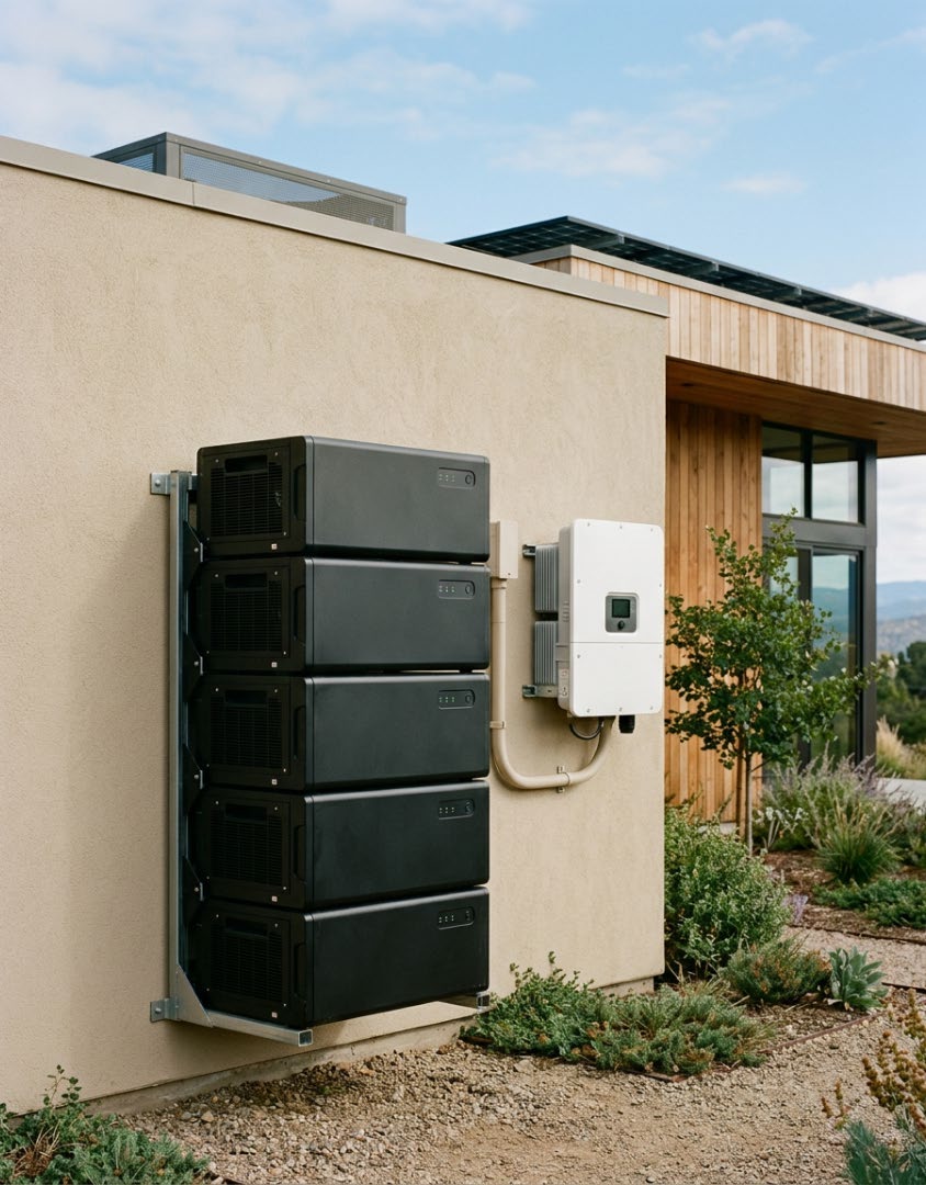 Modular battery storage mounted beside a building