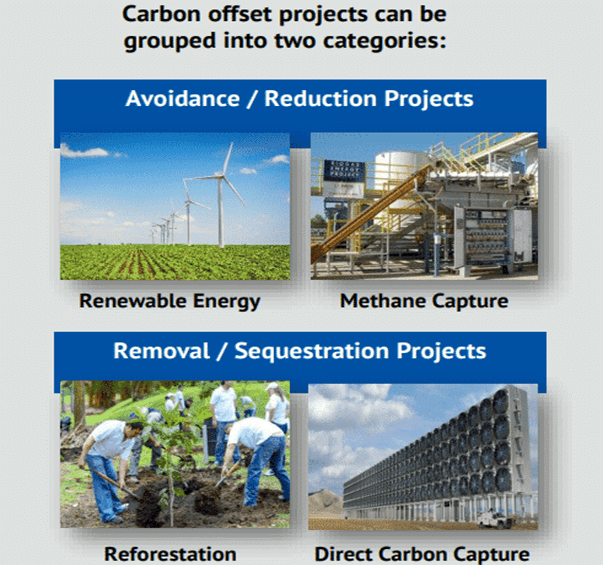Diagram grouping offset projects into emissions avoidance and carbon removal categories