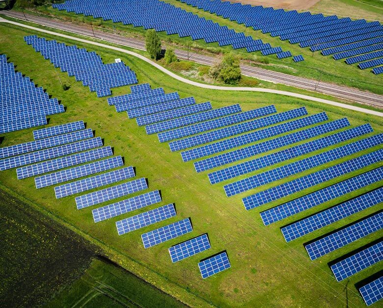 Aerial view of a large solar power field