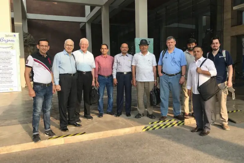 Group of colleagues standing outside a building
