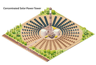 Illustration of a concentrated solar power tower and surrounding collectors