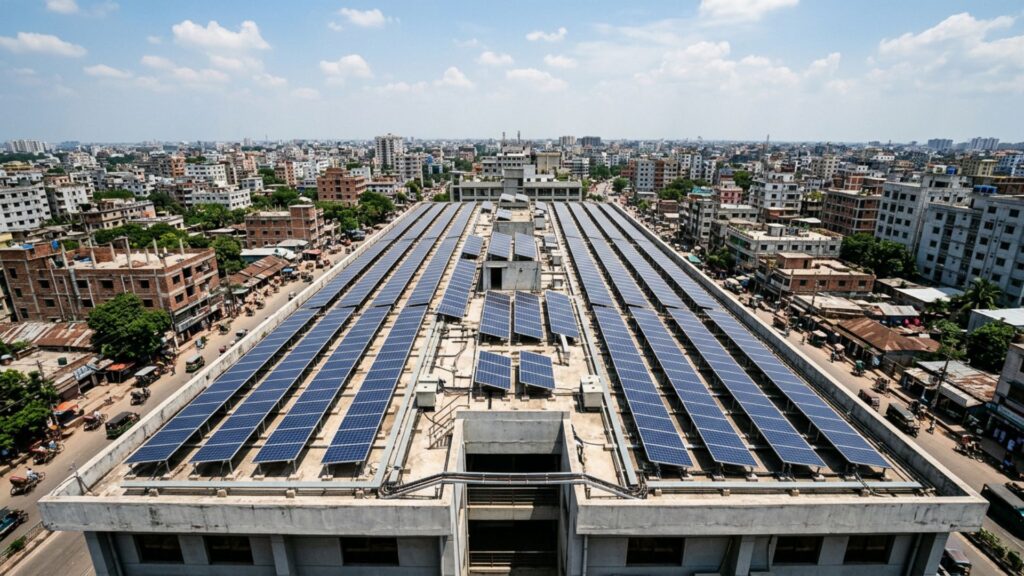 Commercial solar panels across a rooftop in Dhaka